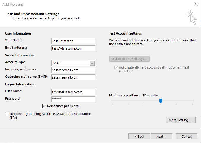 mindspring email settings for outlook 2016